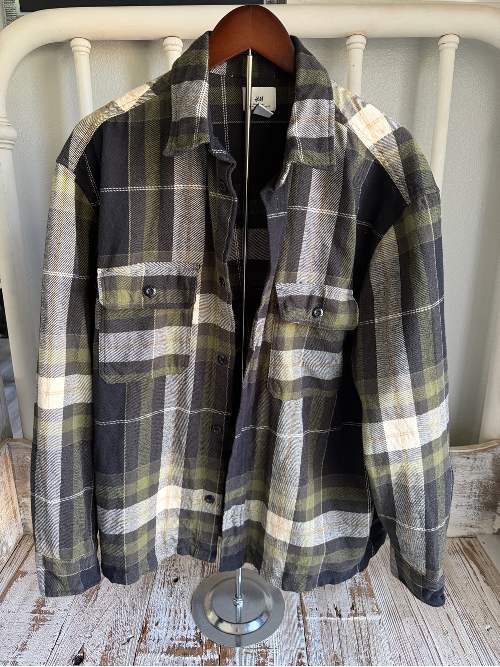 H&M Men's Olive, Black & Cream Plaid Shirt Jacket